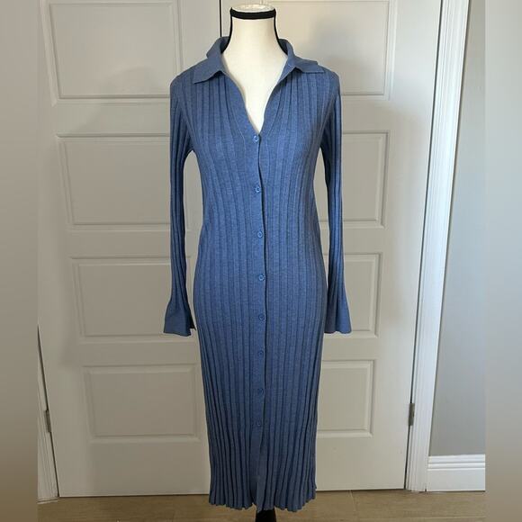 Anthro MOL knits dusty blue collared long sleeve sweater midi dress button up M - Picture 1 of 8